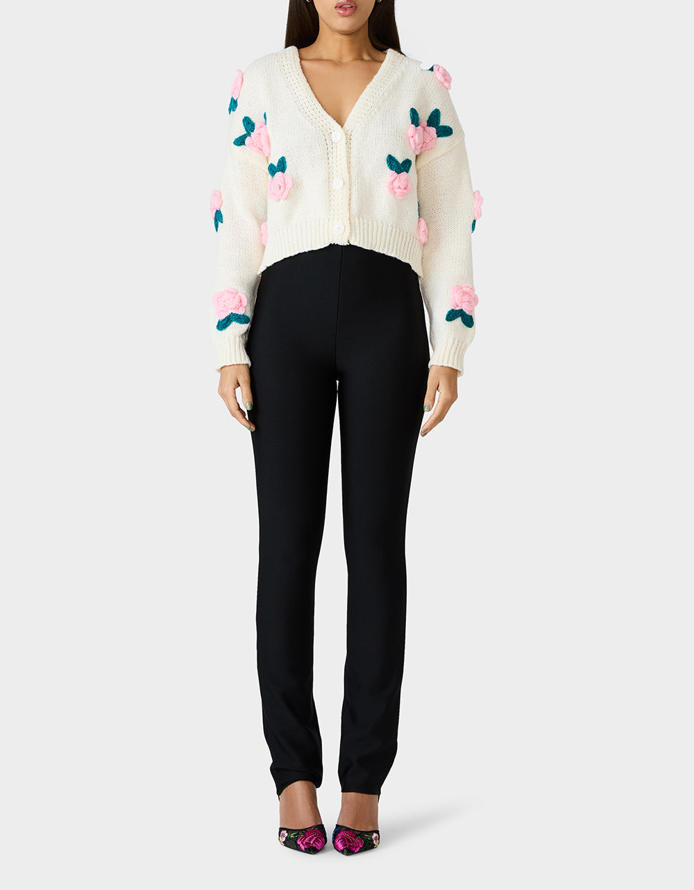 ROSETTE CARDIGAN CREAM Women's V-Neck Cardigan Floral Sweater | Betsey Johnson Quality