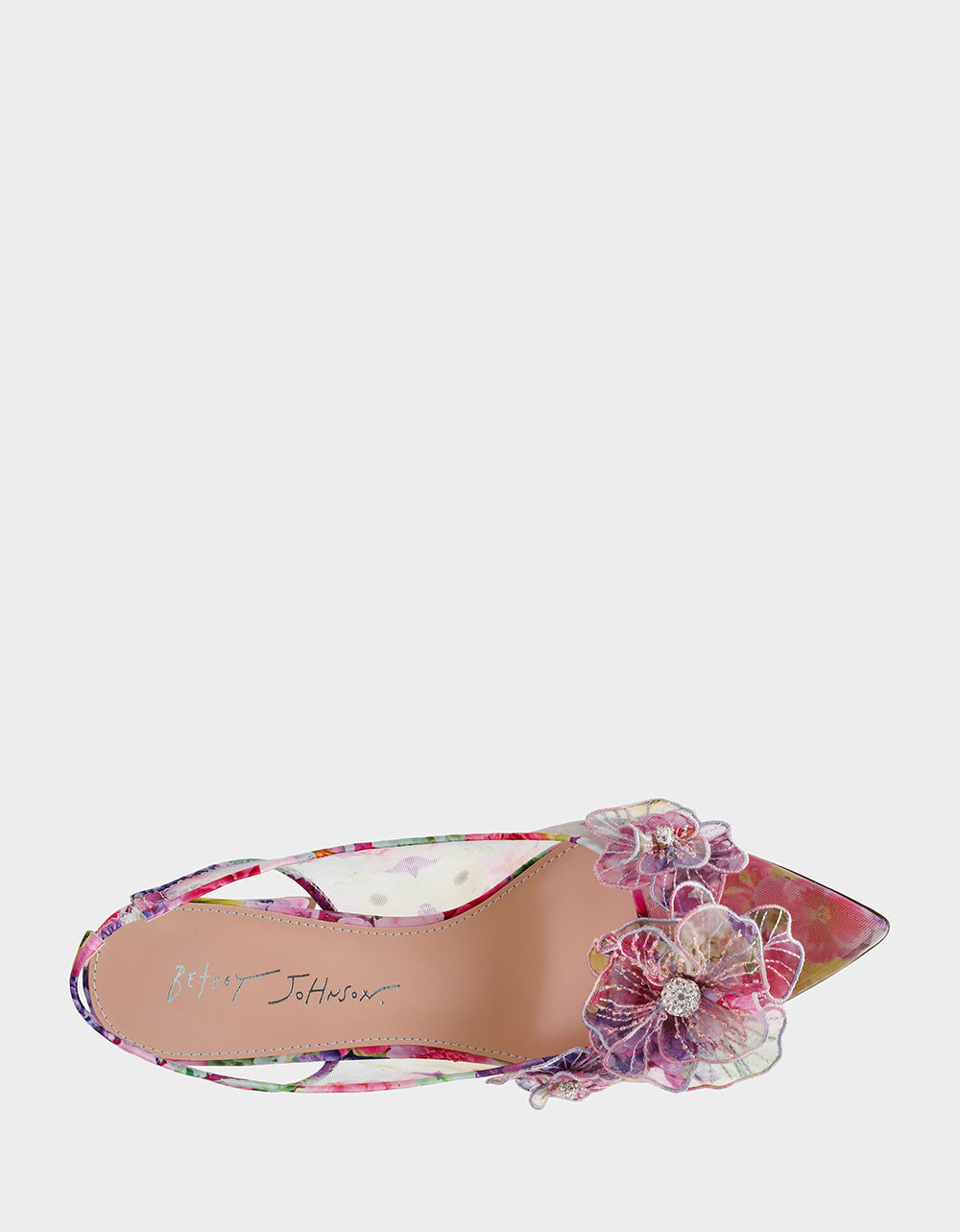 PETRA BRIGHT FLORAL Slingback Floral Mesh Block Heel | Betsey Johnson Latest