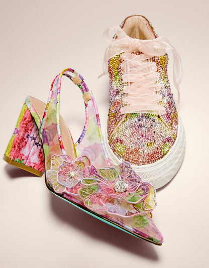 PETRA BRIGHT FLORAL Slingback Floral Mesh Block Heel | Betsey Johnson Latest