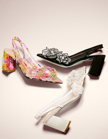 PETRA BRIGHT FLORAL Slingback Floral Mesh Block Heel | Betsey Johnson Latest