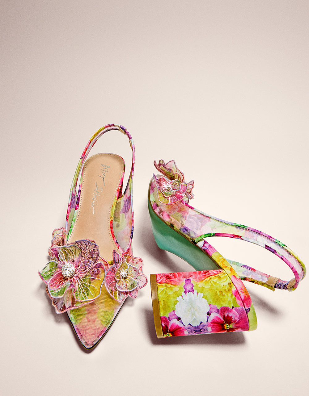PETRA BRIGHT FLORAL Slingback Floral Mesh Block Heel | Betsey Johnson Latest