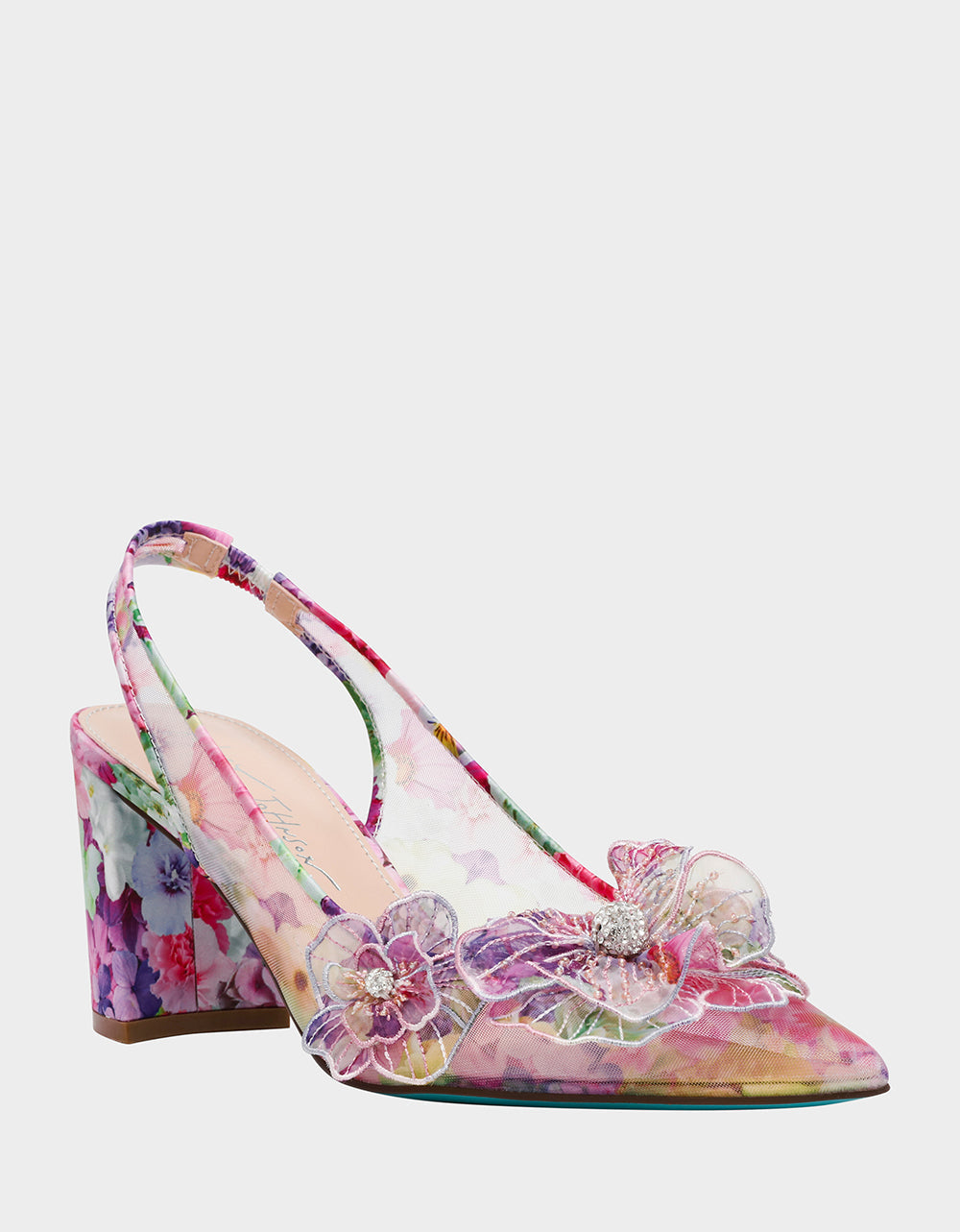 PETRA BRIGHT FLORAL Slingback Floral Mesh Block Heel | Betsey Johnson Latest