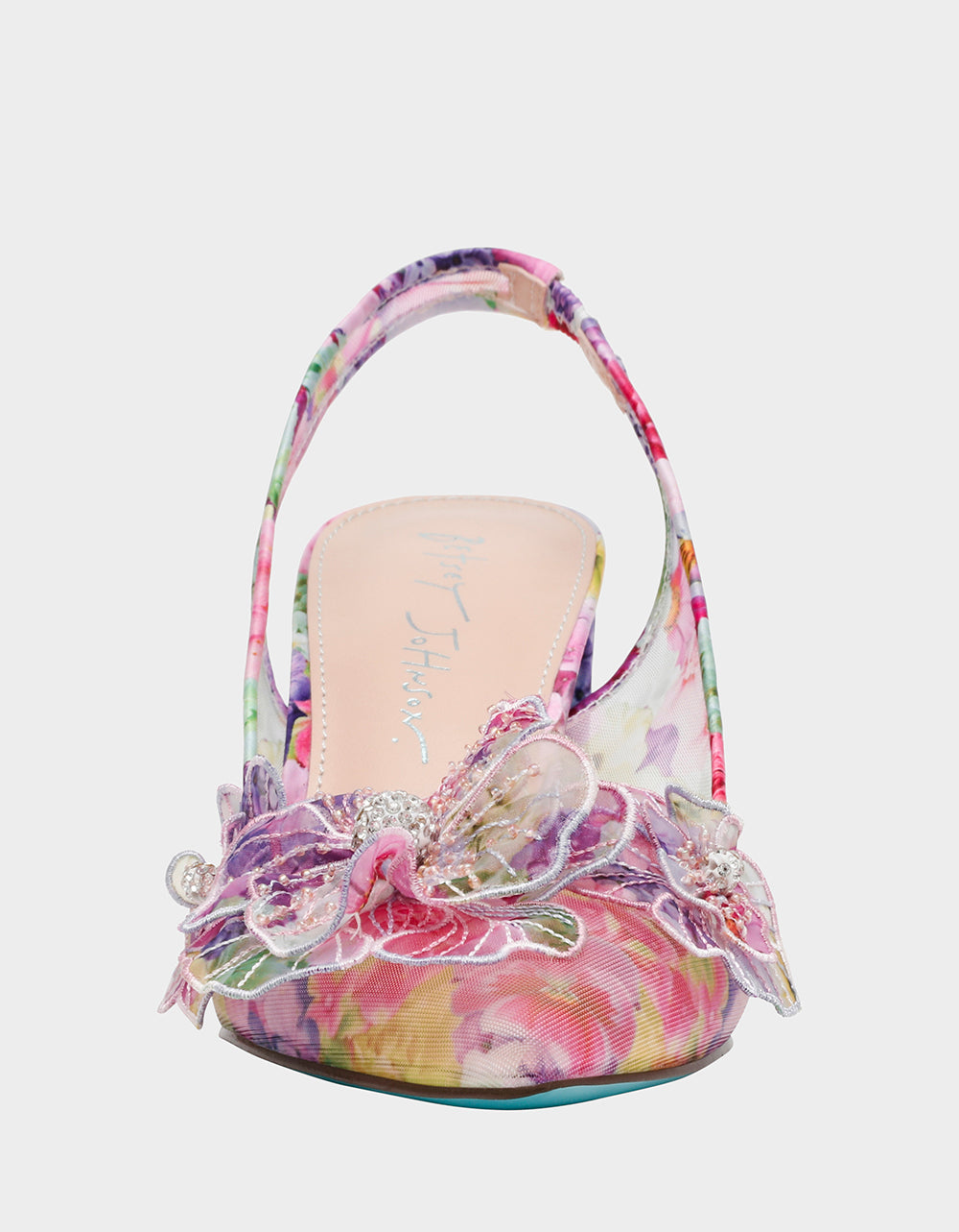 PETRA BRIGHT FLORAL Slingback Floral Mesh Block Heel | Betsey Johnson Latest