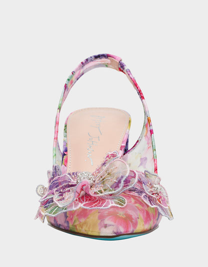 PETRA BRIGHT FLORAL Slingback Floral Mesh Block Heel | Betsey Johnson Latest