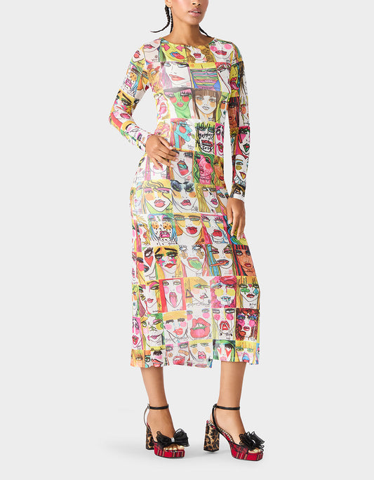 BETSEY'S PRINT SHEER DRESS MULTI Women's Long-Sleeved Mesh Sheer Midi Dress | Betsey Johnson Featured