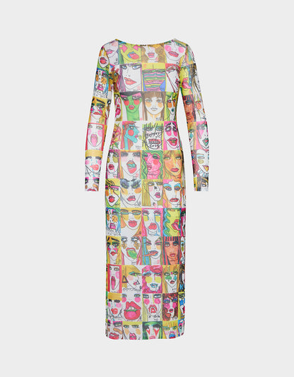 BETSEY'S PRINT SHEER DRESS MULTI Women's Long-Sleeved Mesh Sheer Midi Dress | Betsey Johnson Featured