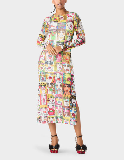 BETSEY'S PRINT SHEER DRESS MULTI Women's Long-Sleeved Mesh Sheer Midi Dress | Betsey Johnson Featured