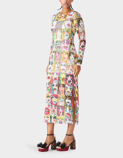 BETSEY'S PRINT SHEER DRESS MULTI Women's Long-Sleeved Mesh Sheer Midi Dress | Betsey Johnson Featured