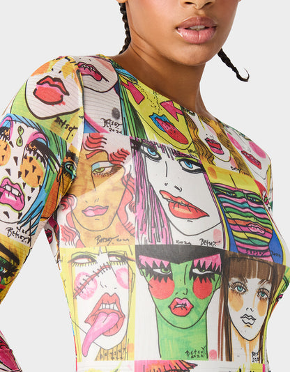 BETSEY'S PRINT SHEER DRESS MULTI Women's Long-Sleeved Mesh Sheer Midi Dress | Betsey Johnson Featured