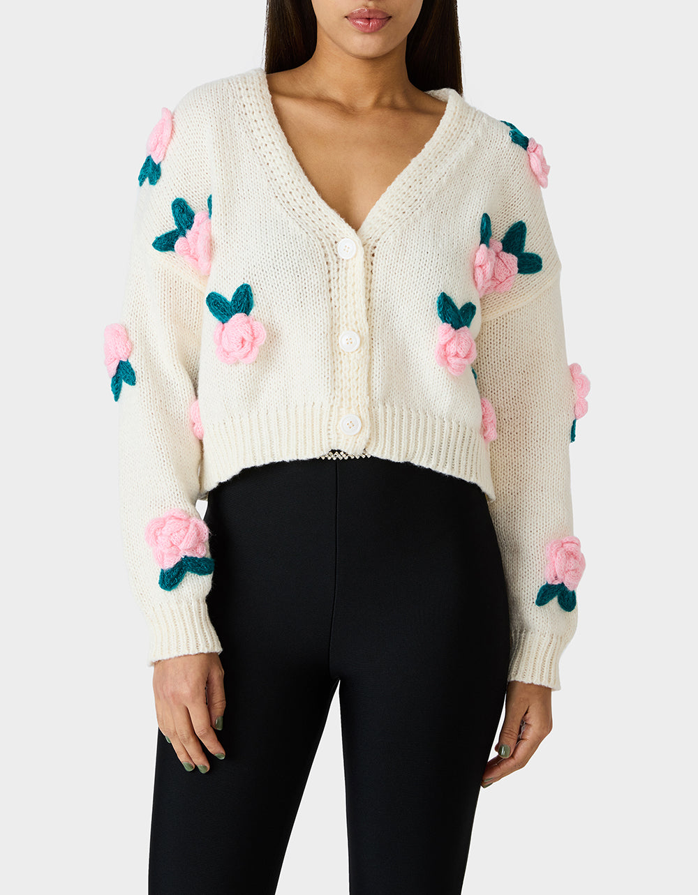 ROSETTE CARDIGAN CREAM Women's V-Neck Cardigan Floral Sweater | Betsey Johnson Quality