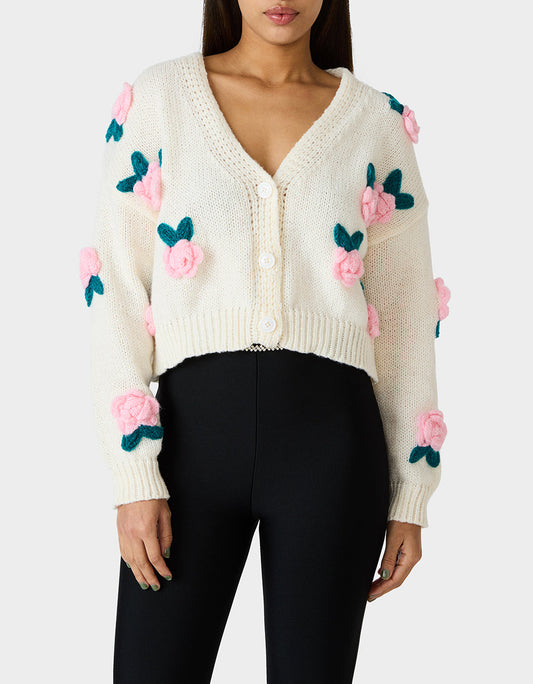 ROSETTE CARDIGAN CREAM Women's V-Neck Cardigan Floral Sweater | Betsey Johnson Quality