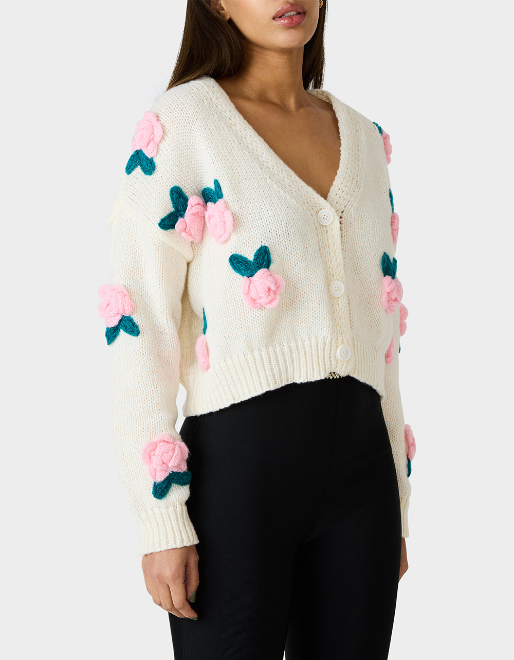 ROSETTE CARDIGAN CREAM Women's V-Neck Cardigan Floral Sweater | Betsey Johnson Quality