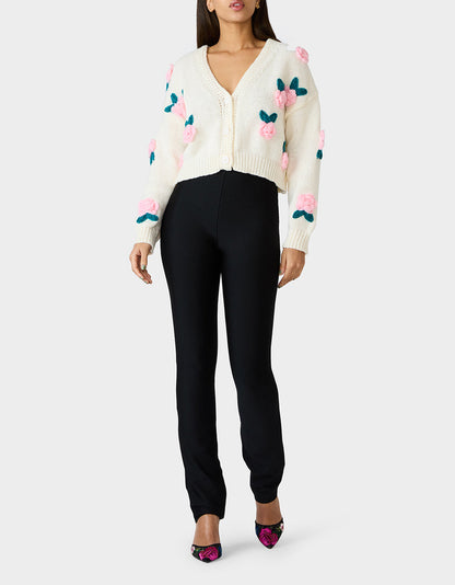 ROSETTE CARDIGAN CREAM Women's V-Neck Cardigan Floral Sweater | Betsey Johnson Quality