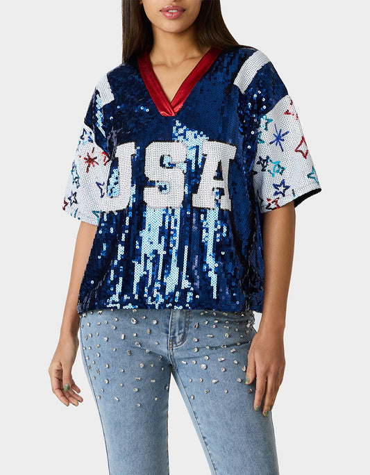 USA JERSEY BLUE Women's Red White and Blue USA Sequin Jersey | Betsey Johnson Trending