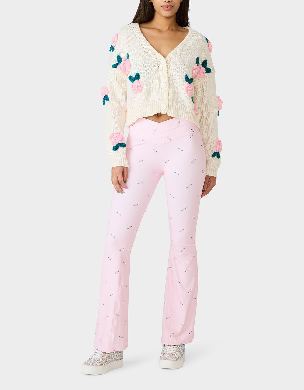 ROSE PRINT CROSSOVER LEGGINGS PINK ROSE Women's Floral Crossover Activewear Legging | Betsey Johnson Best Seller