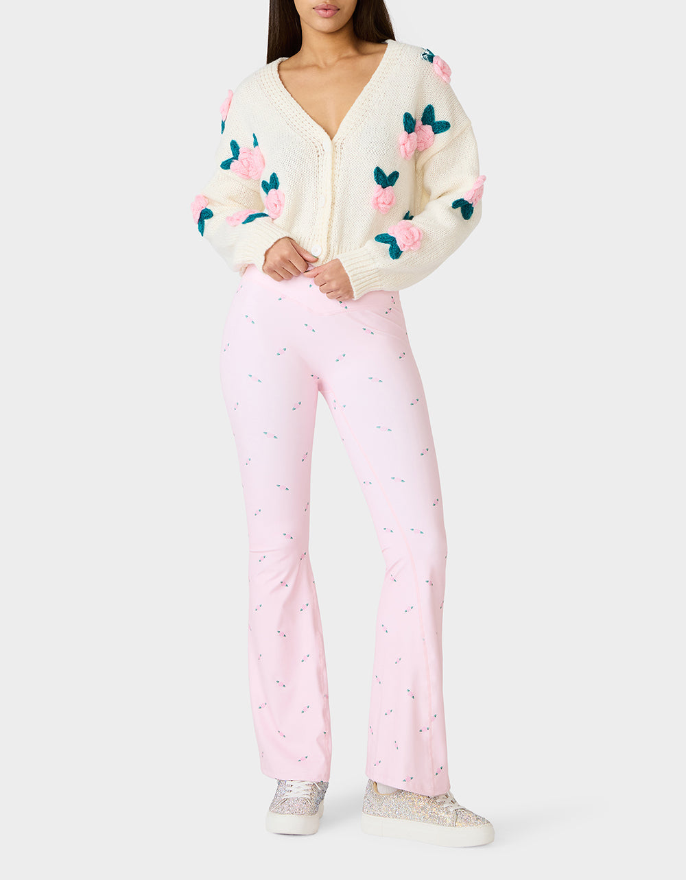 ROSE PRINT CROSSOVER LEGGINGS PINK ROSE Women's Floral Crossover Activewear Legging | Betsey Johnson Best Seller