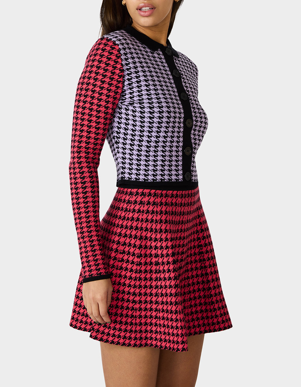 HOT IN HOUNDSTOOTH SET PINK MULTI Women's Pink and Purple Houndstooth Top and Skirt set | Betsey Johnson Top Pick
