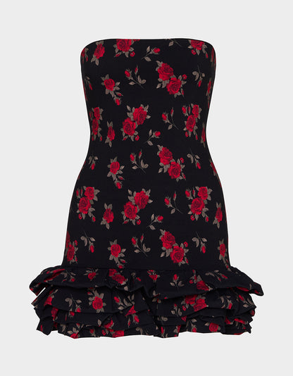 ROSIE POSIE DRESS BLACK Women's Strapless Floral Rose Print Mini Dress | Betsey Johnson Everyday