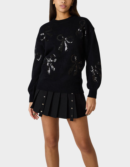 SEQUIN BOW SWEATER BLACK Women's Bow Print Black Cozy Sweater | Betsey Johnson Signature