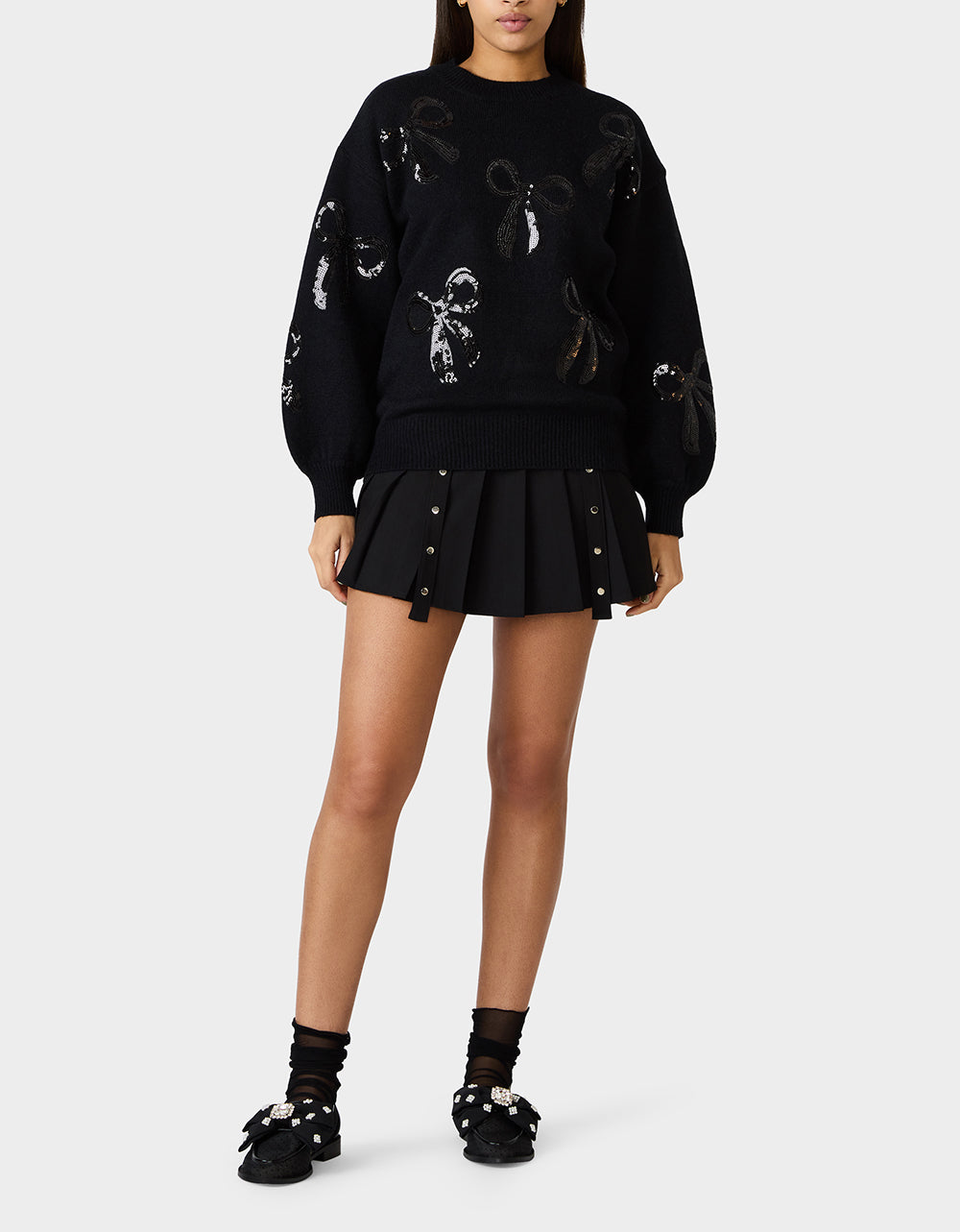 SEQUIN BOW SWEATER BLACK Women's Bow Print Black Cozy Sweater | Betsey Johnson Signature