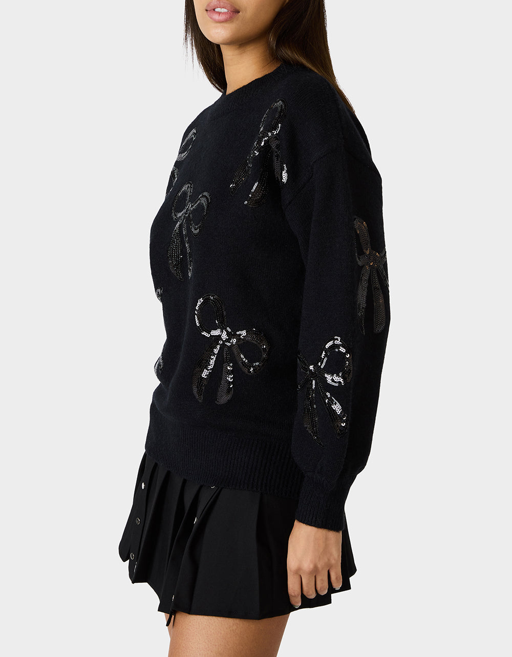 SEQUIN BOW SWEATER BLACK Women's Bow Print Black Cozy Sweater | Betsey Johnson Signature