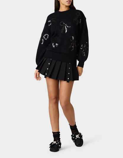 SEQUIN BOW SWEATER BLACK Women's Bow Print Black Cozy Sweater | Betsey Johnson Signature