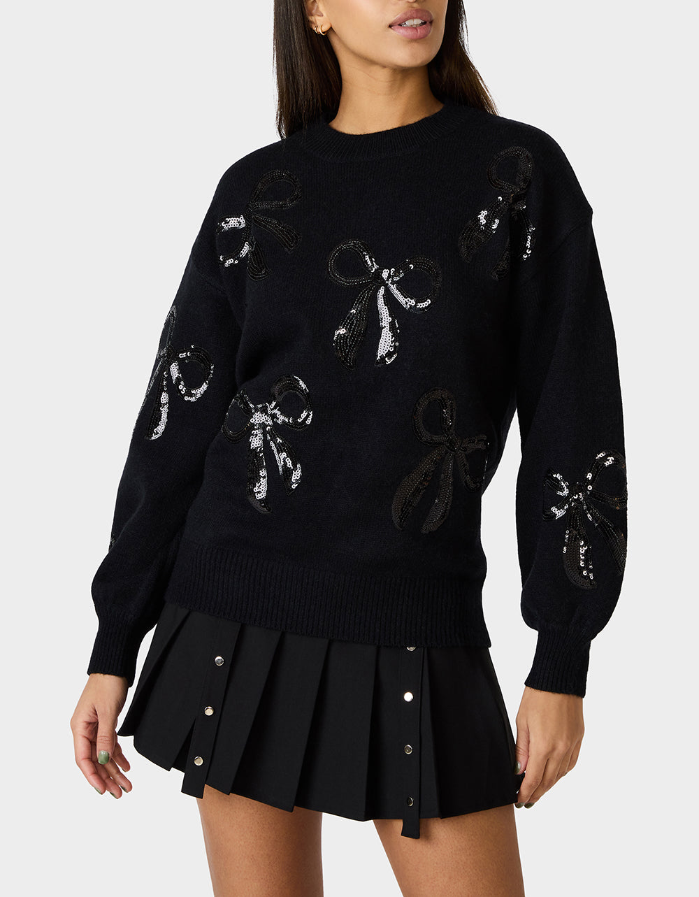 SEQUIN BOW SWEATER BLACK Women's Bow Print Black Cozy Sweater | Betsey Johnson Signature