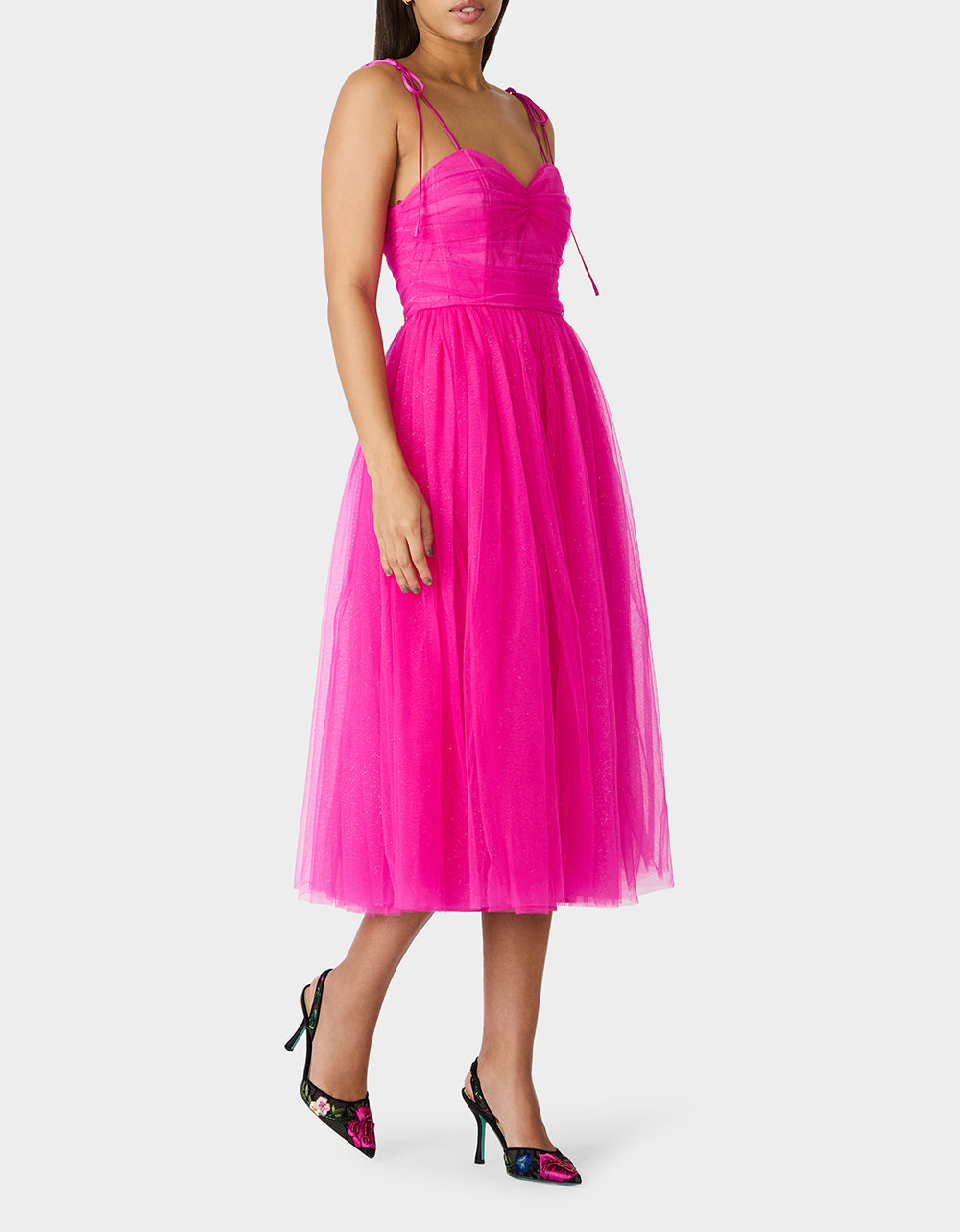 GLITTER TULLE MULTI MAGENTA Women's Corset Midi Tulle Dress | Betsey Johnson Latest