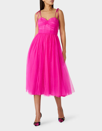 GLITTER TULLE MULTI MAGENTA Women's Corset Midi Tulle Dress | Betsey Johnson Latest