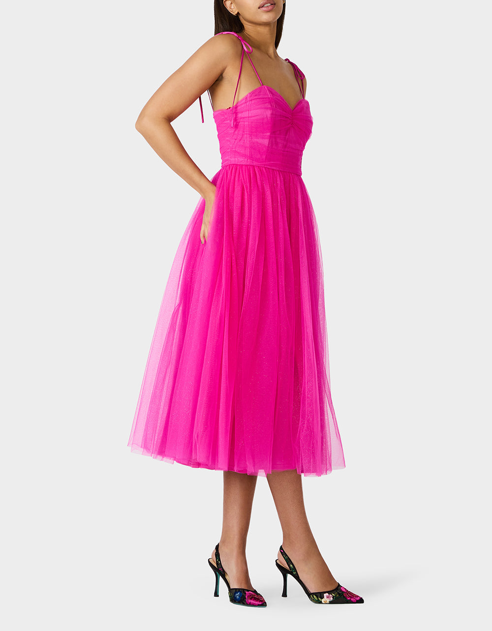 GLITTER TULLE MULTI MAGENTA Women's Corset Midi Tulle Dress | Betsey Johnson Latest