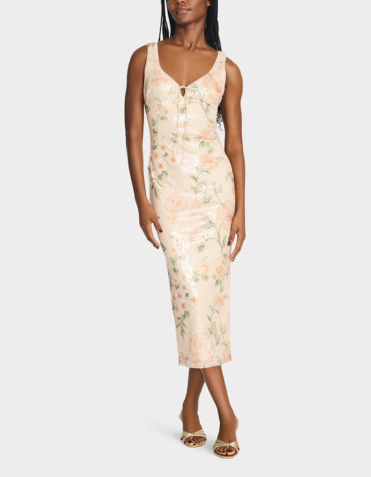 APRICOT HAZE DRESS BLURRY FLORAL Women's Midi Sequin Floral Dress | Betsey Johnson Hot Sale