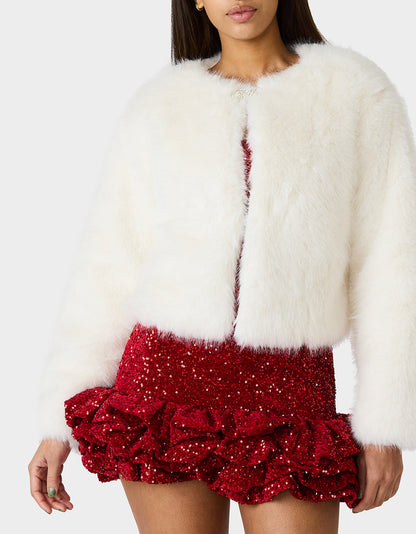 CHAMPAGNE LUXE FAUX FUR JACKET CREAM Women's Cream Faux Fur Jacket | Betsey Johnson Premium
