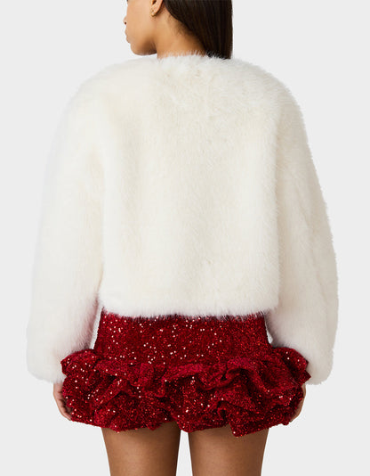 CHAMPAGNE LUXE FAUX FUR JACKET CREAM Women's Cream Faux Fur Jacket | Betsey Johnson Premium