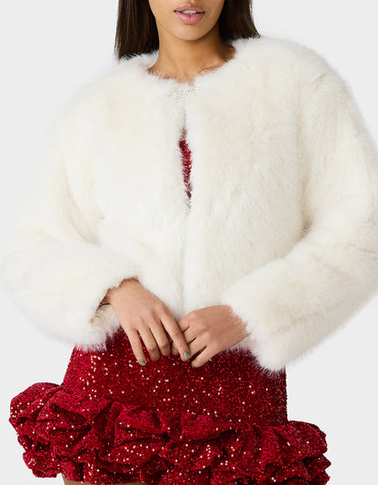 CHAMPAGNE LUXE FAUX FUR JACKET CREAM Women's Cream Faux Fur Jacket | Betsey Johnson Premium
