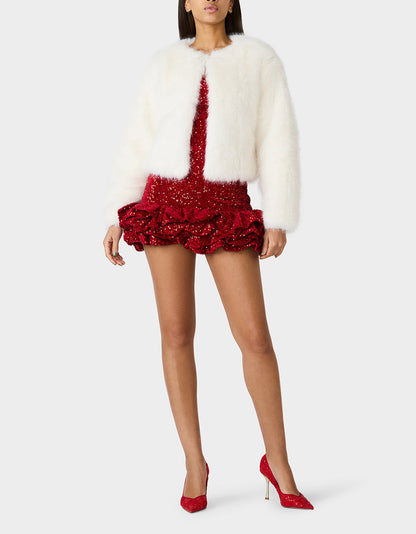 CHAMPAGNE LUXE FAUX FUR JACKET CREAM Women's Cream Faux Fur Jacket | Betsey Johnson Premium