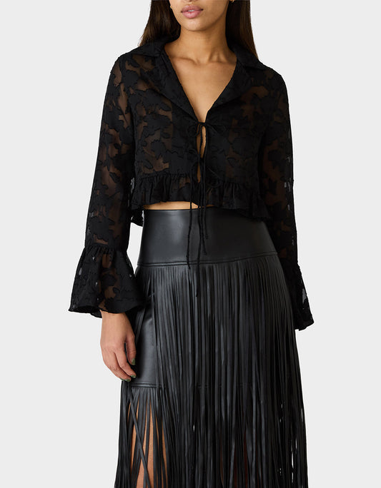 OPHELIA NOIR BLOUSE BLACK Women's Tie Front Long Sleeve Mesh Crop Top | Betsey Johnson Discount