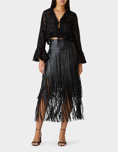 OPHELIA NOIR BLOUSE BLACK Women's Tie Front Long Sleeve Mesh Crop Top | Betsey Johnson Discount