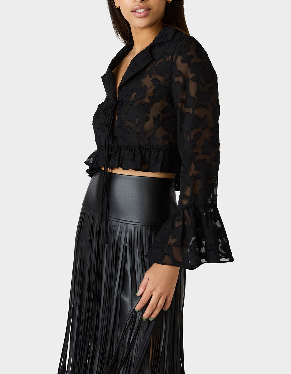 OPHELIA NOIR BLOUSE BLACK Women's Tie Front Long Sleeve Mesh Crop Top | Betsey Johnson Discount