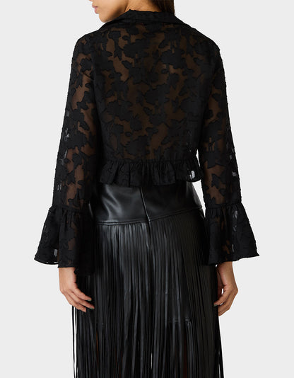 OPHELIA NOIR BLOUSE BLACK Women's Tie Front Long Sleeve Mesh Crop Top | Betsey Johnson Discount