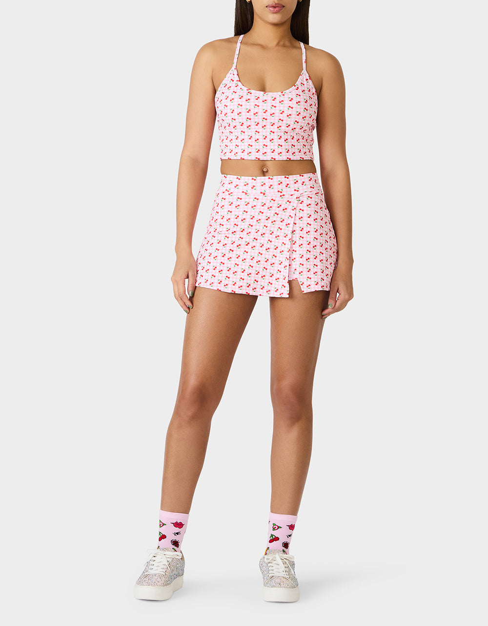 CHERRY GINGHAM SET PINK MULTI Women's Pink Cherry Gingham Activewear Tank Top | Betsey Johnson Trending
