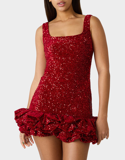 FESTIVE FLIRT DRESS RED Red Sequin Mini Dress with Ruffle Hem | Betsey Johnson Hot Sale