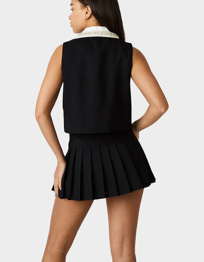 LUSTER NOIR TOP BLACK Women's Pearl Embellished Collar Black Sleeveless Top | Betsey Johnson Top Pick