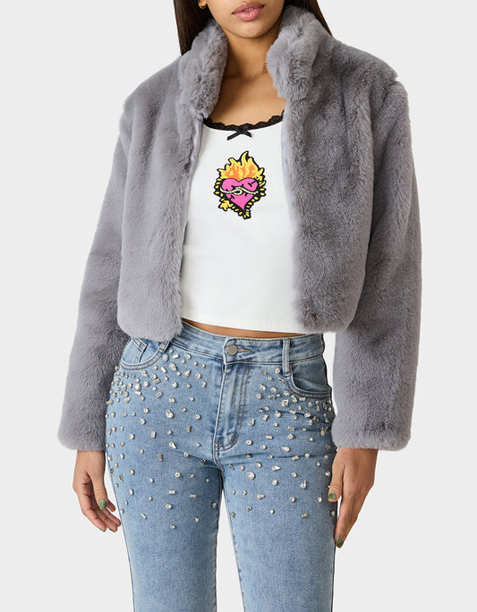 MISTY LUXE FAUX FUR GREY Women's Faux Fur Winter Jacket | Betsey Johnson Quality