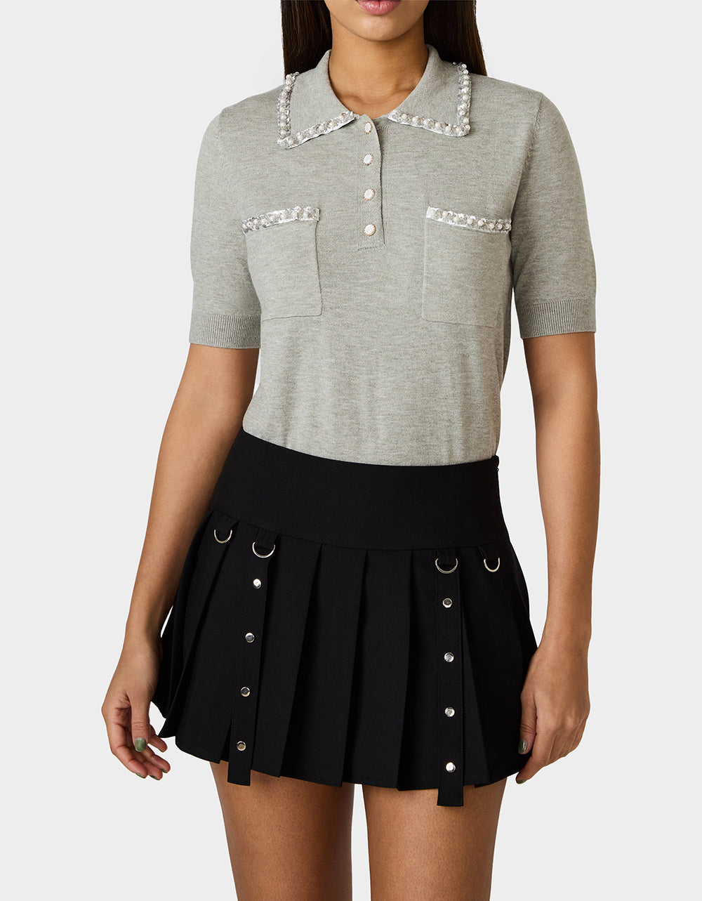 POLISHED IN PEARLS POLO HEATHER GREY Women's Grey Pearl Embellished Short Sleeve Polo Shirt | Betsey Johnson Customer Favorite