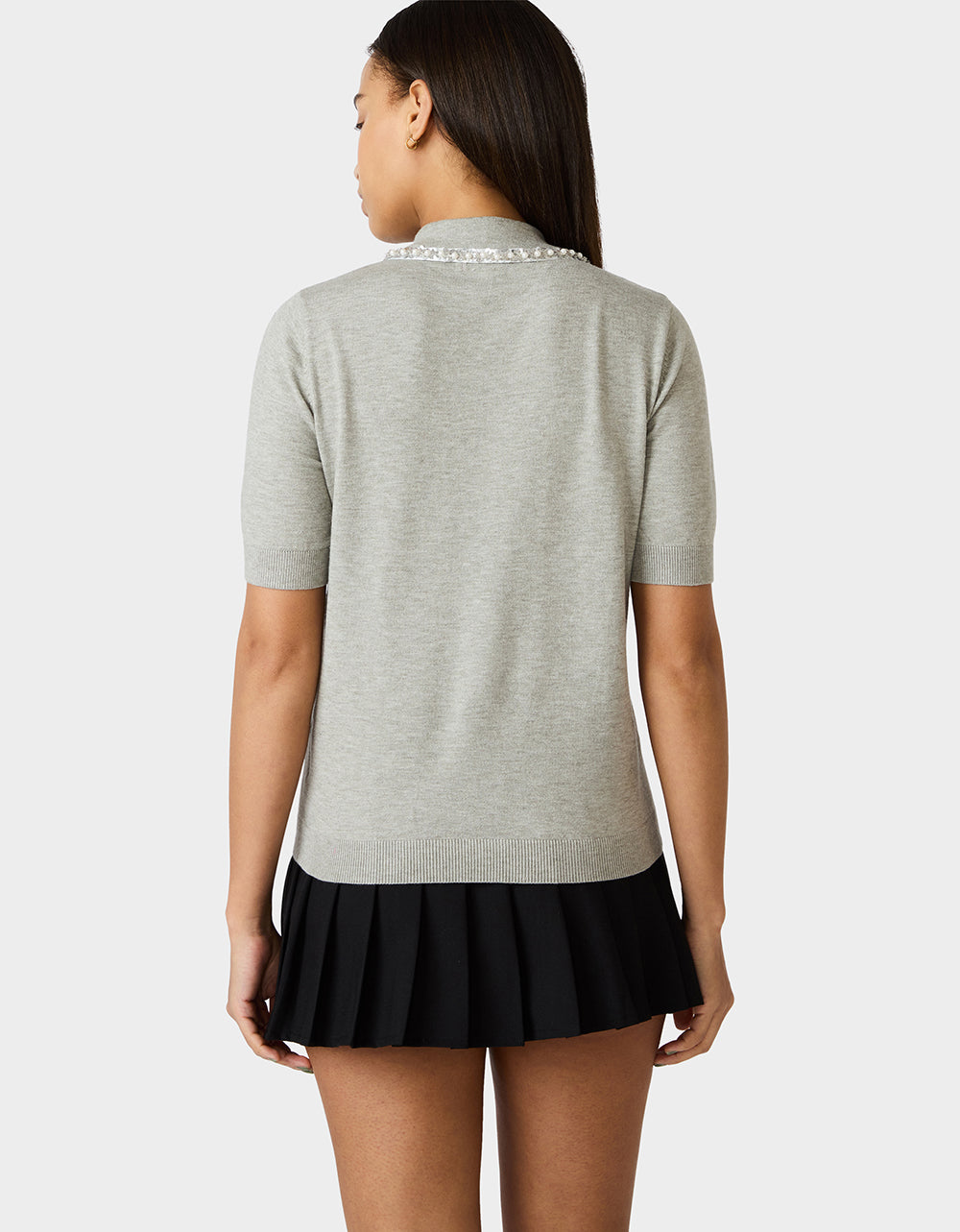 POLISHED IN PEARLS POLO HEATHER GREY Women's Grey Pearl Embellished Short Sleeve Polo Shirt | Betsey Johnson Customer Favorite