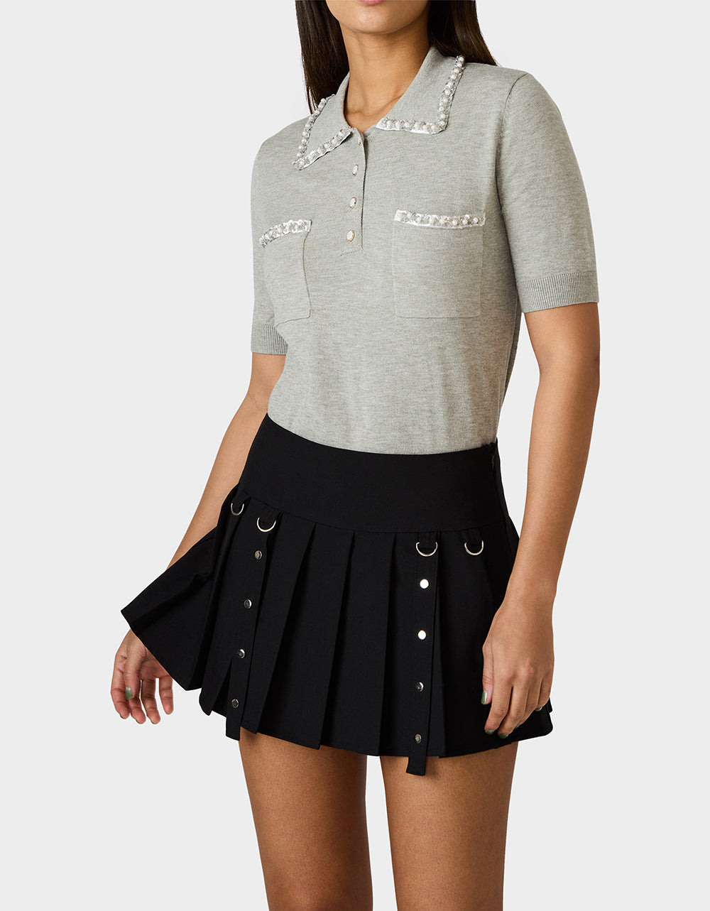 POLISHED IN PEARLS POLO HEATHER GREY Women's Grey Pearl Embellished Short Sleeve Polo Shirt | Betsey Johnson Customer Favorite