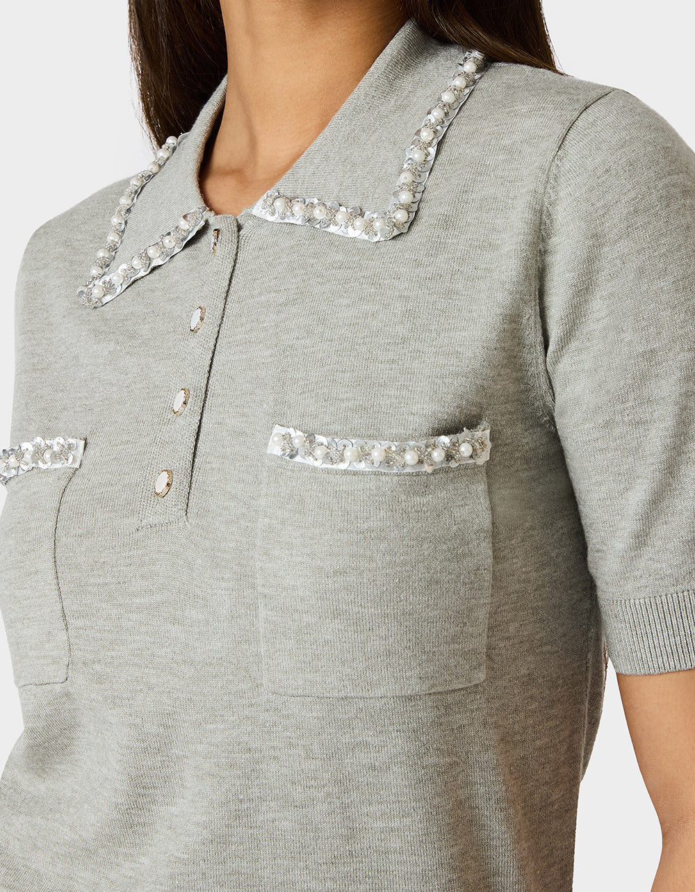 POLISHED IN PEARLS POLO HEATHER GREY Women's Grey Pearl Embellished Short Sleeve Polo Shirt | Betsey Johnson Customer Favorite