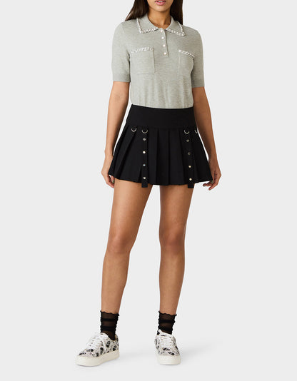 POLISHED IN PEARLS POLO HEATHER GREY Women's Grey Pearl Embellished Short Sleeve Polo Shirt | Betsey Johnson Customer Favorite
