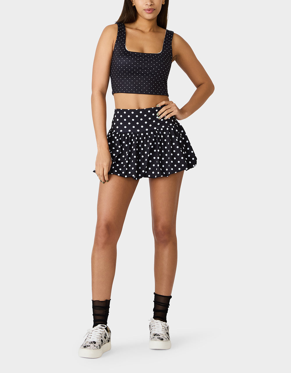 POLKA DOT PRINT CROP TOP TANK BLACK MULTI Women's Crop Top Tank Activewear and Loungewear | Betsey Johnson Premium