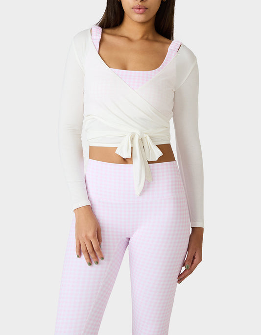LONG SLEEVE V NECK WRAP TOP WHITE Women's White Activewear Wrap Long Sleeve Top | Betsey Johnson Special Offer